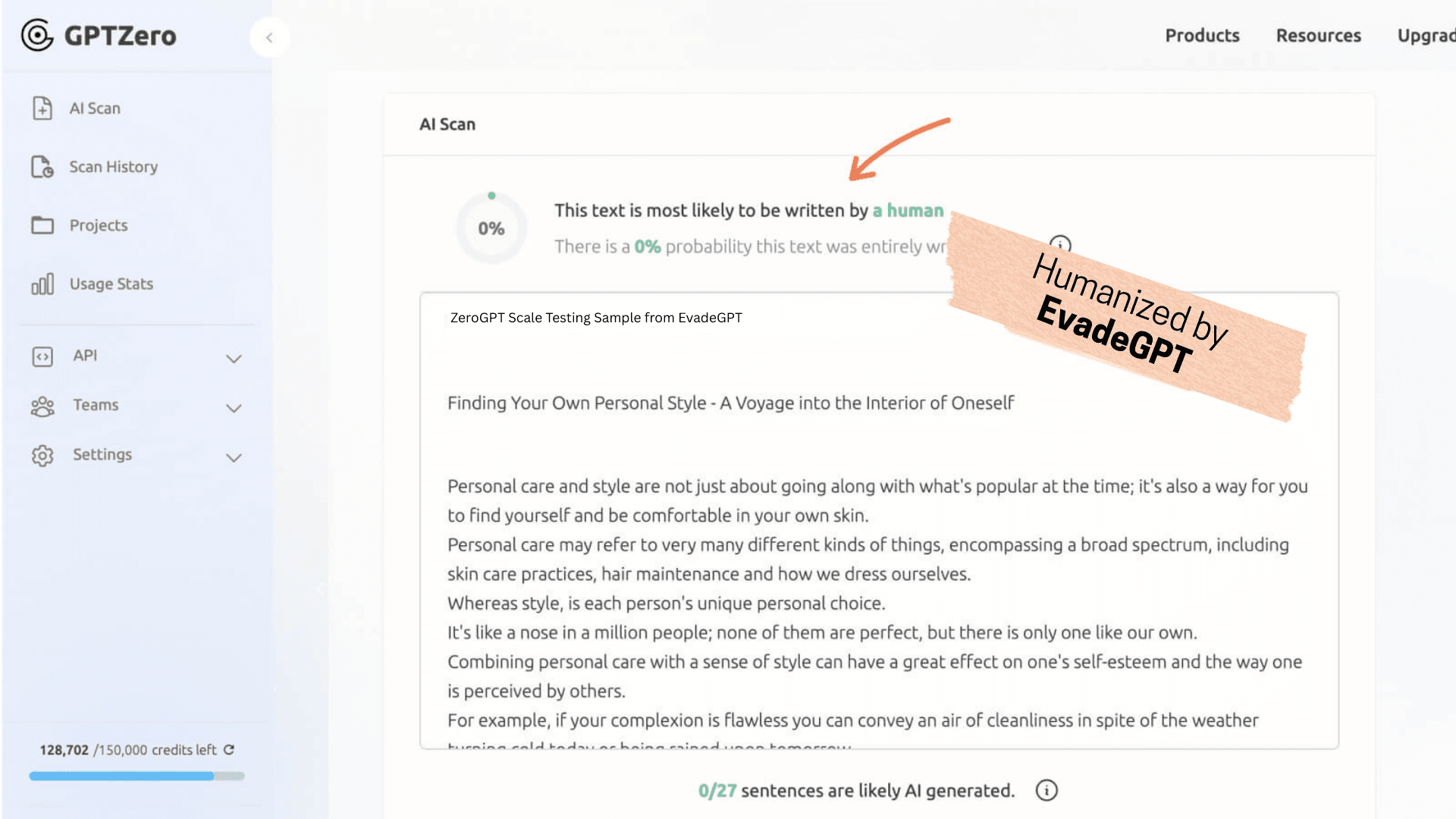 Side-by-side comparison showing ChatGPT text flagged at 95% AI-generated versus humanized version showing 2% AI detection using EvadeGPT methods