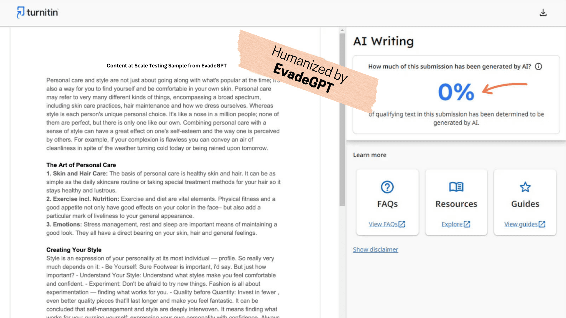 EvadeGPT dashboard interface showing AI detection score dropping from 94% to 2% after humanization with built-in detector results from Turnitin GPTZero and Originality.ai