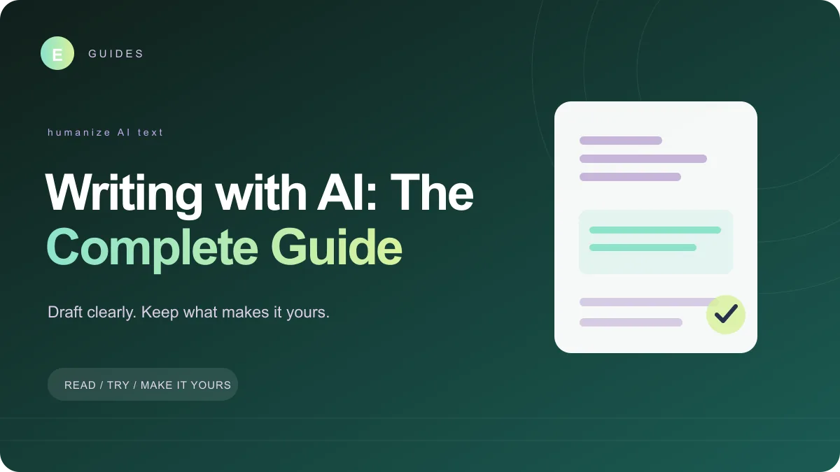 EvadeGPT guide cover titled Writing with AI: The Complete Guide, on drafting in EveChat, humanizing and checking with the AI detector